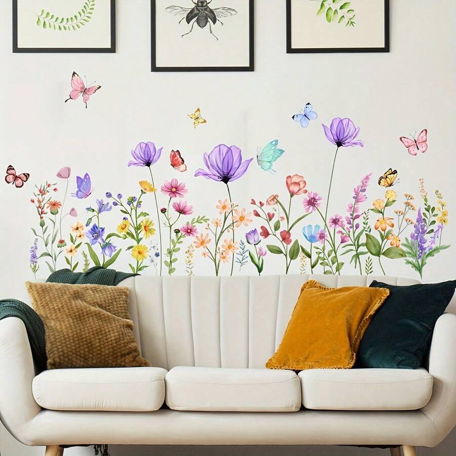 A Colorful Wall Sticker Featuring Plants, Flowers And Butterflies, Size 11.81 X 35.43 Inches, Suitable For Decorating Bedroom And Living Room. It Is Self-Adhesive And Removable (MS713-ZJ) - Multicolor - View 1