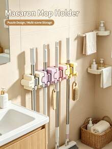 1pc Punch‑Free Mop Holder Wall Mount, Multifunctional Broom Organizer Rack For Bathroom Kitchen Home Storage,Bathroom Storage,Kitchen Accessories,Autumn Home Decor - Multicolor - View 1