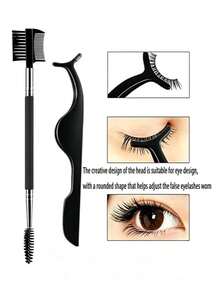 2pcs Eyelash Tweezers And Dual-Head Multi-Purpose Eyebrow Brush, False Eyelash Extension Tweezers, Removal Clamp Tweezers, Women's False Eyelash Application Tool - Black - View 2