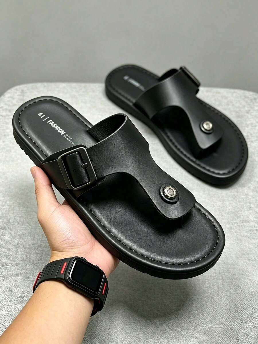 Men's Pure Black Metal Rivet Decorated Cross Strap Flip Flops, Comfortable Shock-Absorbing, Non-Slip Wear-Resistant Flat Sandals, Suitable For Spring/Summer Daily Commute, Outdoor Walking, Beach Vacation And Casual Wear, Fashionable Roman Sandals, Perfectly Matching Daily Needs - Black - View 1