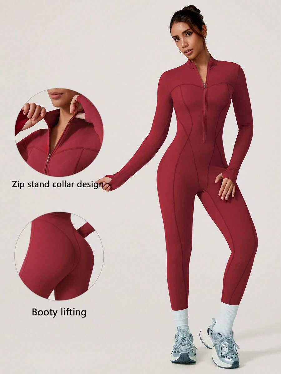 TimeOff Women's 1pc Solid Color Stand Collar Zipper Thumb Hole Long Sleeve Slim Fit Sports Jumpsuit - Red - View 1