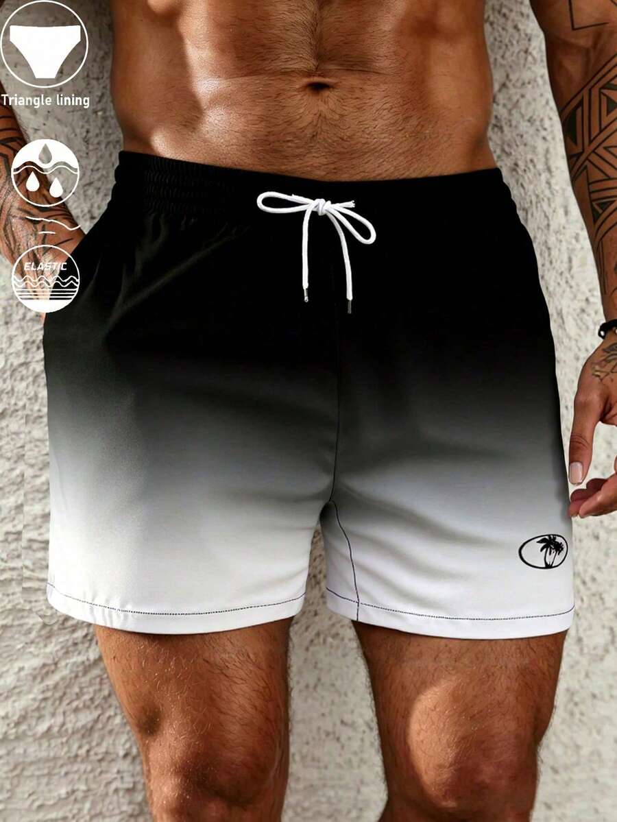 Men's Black & White Gradient Beach Shorts With Built-In Briefs, Palm Tree Logo Pattern