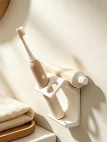 1 pieza Soporte para cepillo de dientes sin taladro, almacenamiento integrado de cepillo de dientes y pasta de dientes, instalación adhesiva fácil, resistente al agua y estable, accesorio organizador de almacenamiento de pared para baño - Blanco - Ver 7
