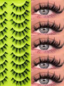 10 Pairs Fluffy False Eyelashes, 3D Slim Cat Eye Lash Strips, Dramatic Voluminous Criss-Cross Style, Transparent Clear Lash Band, Soft Lightweight Reusable, Suitable For Daily Makeup, Party, Date And Special Occasions - Black - View 8