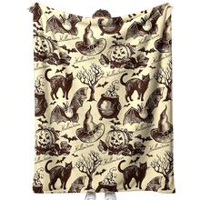 1pc Vintage Halloween Flannel Throw Blanket, Nostalgic Sketch Style Pumpkin Lantern, Witch Hat, Black Cat, Bat, Cauldron And Dead Tree Pattern, Soft And Warm Printed Blanket, Suitable For Sofa, Bed And Halloween Home Decor - Multicolor - View 8