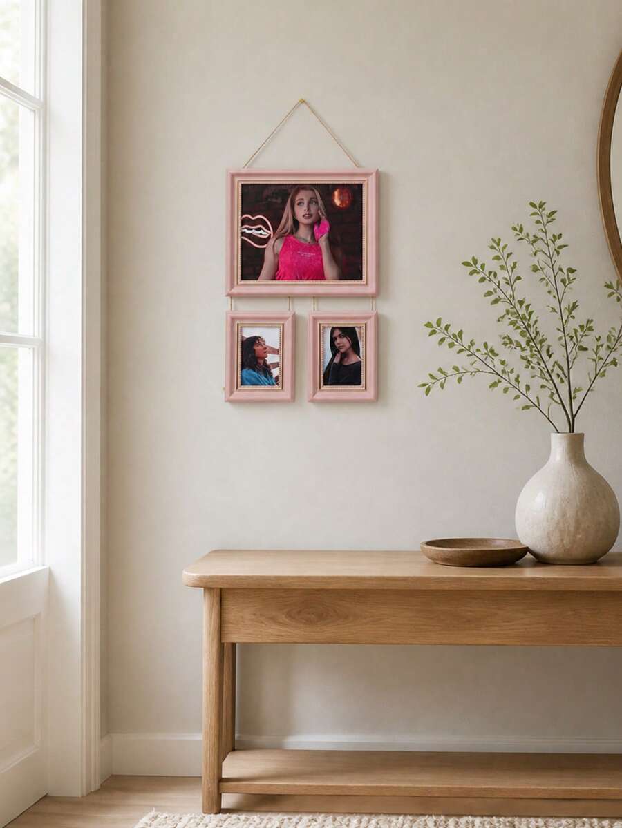 Vertical Wall Hanging 3‑Panel Collage Picture Frame Set, Connected By Hemp Rope, Wood‑Look Decorative Multi‑Opening Photo Display Frame, Ideal For Family Memory Travel Photos, Boho Home Wall Decoration For Living Room Entryway Housewarming Present - Multicolor - View 1