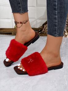 Women's Autumn/Winter Fashion Fuzzy Slip-On Slippers, Metal Bow Decor Open Toe Flat Slippers, Soft Comfortable Indoor/Outdoor Fuzzy Slippers - Red - View 4