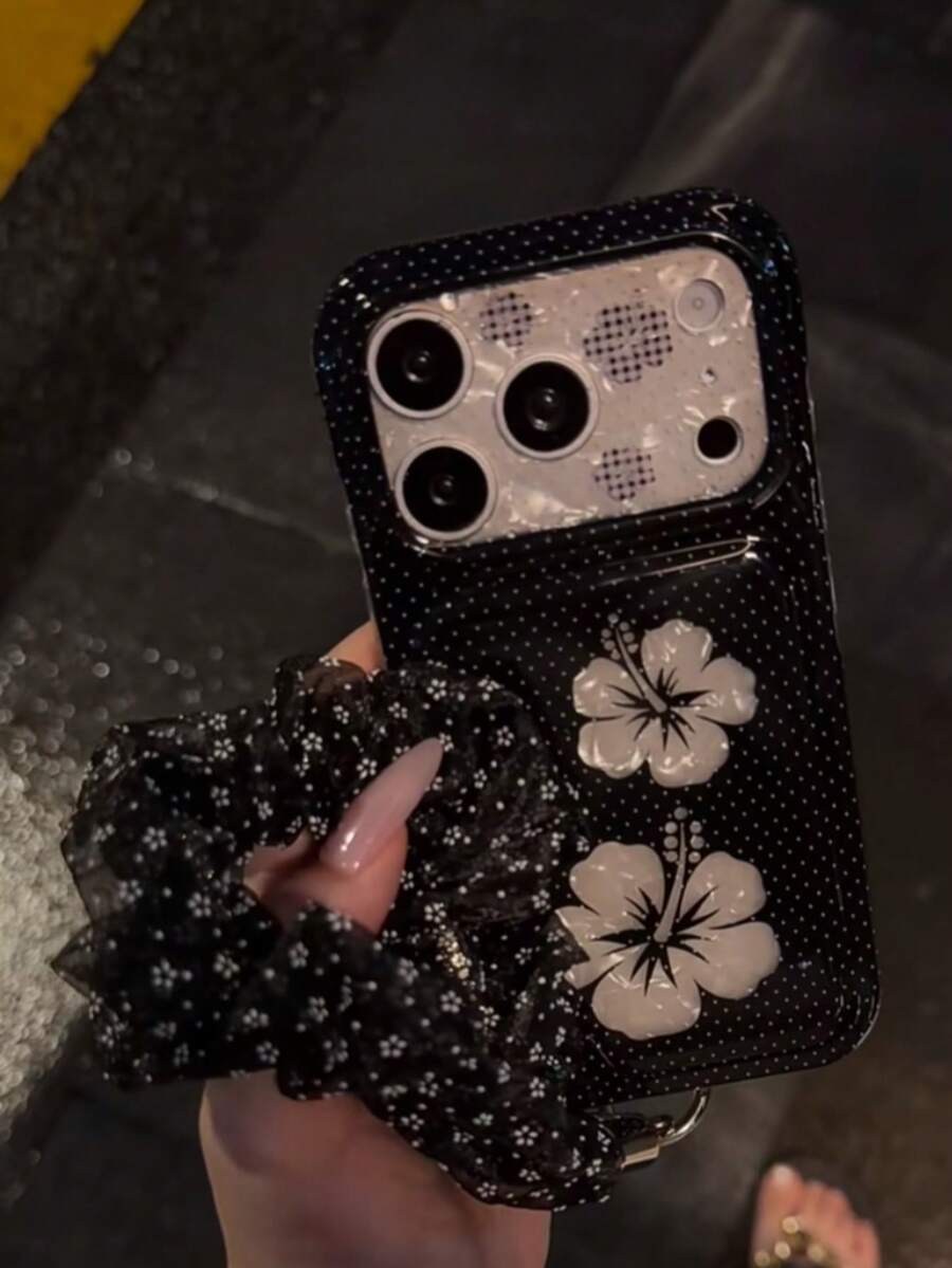 Polka Dot Black Silver Hibiscus Ins 15 Compatible With 17 Pro Apple 17 Pro Max Phone Case 16 Pro Max Full Coverage 17 New Model Protective Cover 15 Pro Soft Handheld - Black - View 1