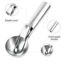 Stainless Steel Ice Cream Scoop With Trigger Release, 18/0 Non-Stick Round Cookie Scoop For Baking, Ergonomic Non-Slip Long Handle Ice Cream Scoop, Spherical Melon Baller Kitchen Tool For Desserts - Silver - View 7