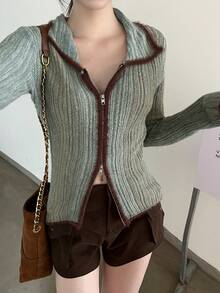 Sweater Vintage Seksi untuk Wanita, Model Baru, Blok Warna, Potongan Ramping, Atasan Kerah Mewah, Patchwork Acak, Musim Gugur - Hijau - View 8