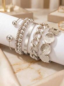 6pcs/Set Women's Silver Stackable Bracelets, Thick Cuban Chain, Textured Coin Disc And Beaded Bracelets, Bohemian Punk Street Style Jewelry - Silver - View 2