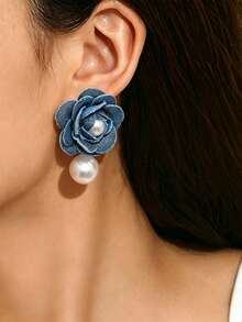 2 piezas Nuevos pendientes de botón con incrustaciones de tela geométrica y perlas falsas con diseño floral, joyería versátil para mujer - Azul - Ver 2