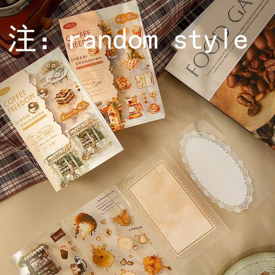 (6 styles envoyés aléatoirement) 1 pièce/paquet Autocollants de planification thème café vintage européen, décalcomanie esthétique créative, matériau de décoration DIY collage, cadeau de vacances, papeterie scolaire personnalisée pour album de découpage - PET aléatoire - Voir 1