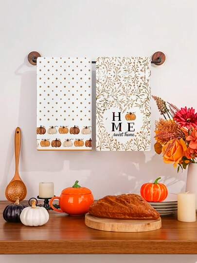 2pcs Orange Cleaning Cloth Kitchen Towel Set, Autumn Kitchen Towels, Rust Color Polka Dot Pumpkin Patch Country Style Thanksgiving Fallen Leaves Home Decor Hand Towels