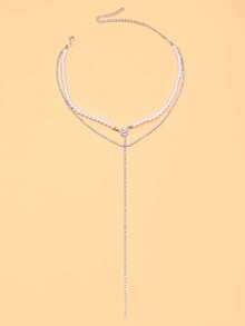 1 pieza Collar de fiesta de perlas de doble capa en forma de Y - Plateado - Ver 2