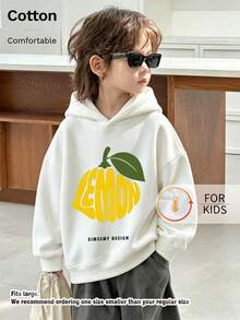 Kids Hooded Sweatshirt, Lemon Shape Letter SIMSEMY DESIGN Graphic Print Thick Fleece Lined Pullover For Kids - White - View 3