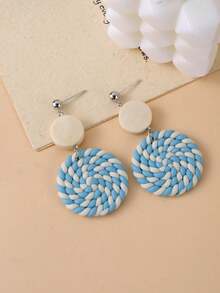 1 Pair Women's Bohemian Style Soft Clay Woven Round Pendant Earrings, Natural Wood Patchwork Contrast Color Earrings, Vintage Vacation Style Niche Earrings, Daily Wear Beach Party Date Accessories - Multicolor - View 7