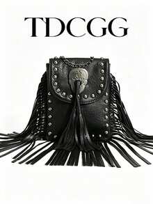 1pc Brown PU Leather Rivet Tassel Chain Shoulder Bag, Bohemian Vintage Small Square Crossbody Bag, Suitable For Women's Daily Dating And Travel - Black - View 1