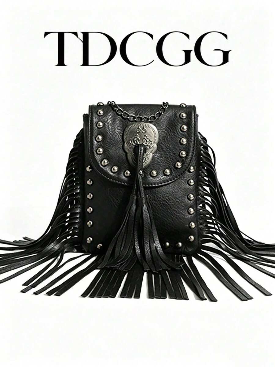 1pc Brown PU Leather Rivet Tassel Chain Shoulder Bag, Bohemian Vintage Small Square Crossbody Bag, Suitable For Women's Daily Dating And Travel - Black - View 1