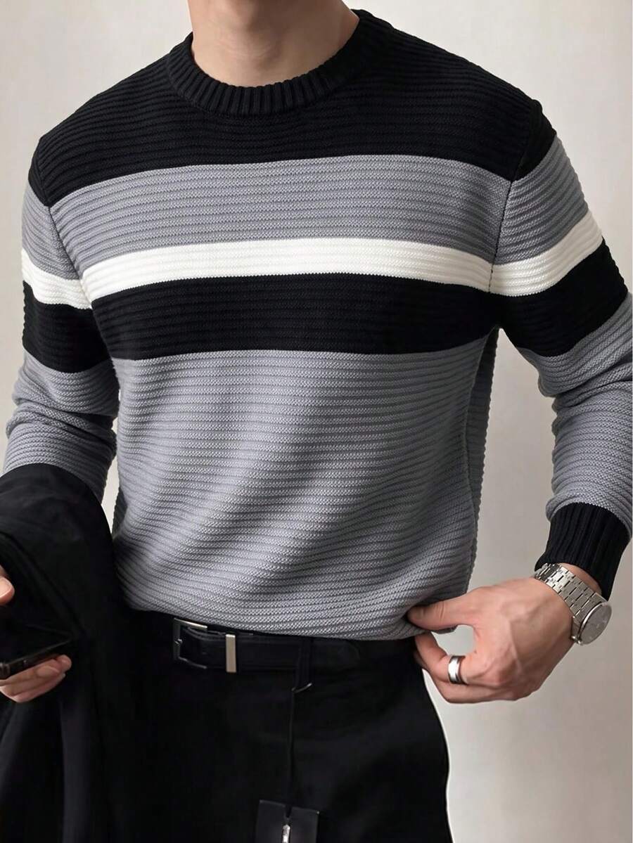 Men's Crew Neck Contrast Color Horizontal Ribbed Textured Ribbed Knit Sweater Pullover Long Sleeve Casual Inner Layer Top For Autumn/Winter - Grey - View 1