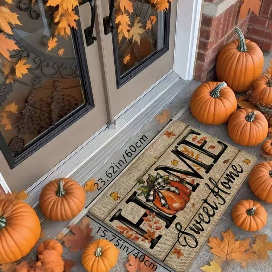 1pc Thanksgiving Pumpkin Decor Home Printed Floor Mat, Soft Non-Slip Absorbent Machine Washable Kitchen Rug, Holiday Fun Comfortable Carpet, Low Pile Rectangular Living Room Bedroom Bathroom Floor Mat - Apricot - View 1