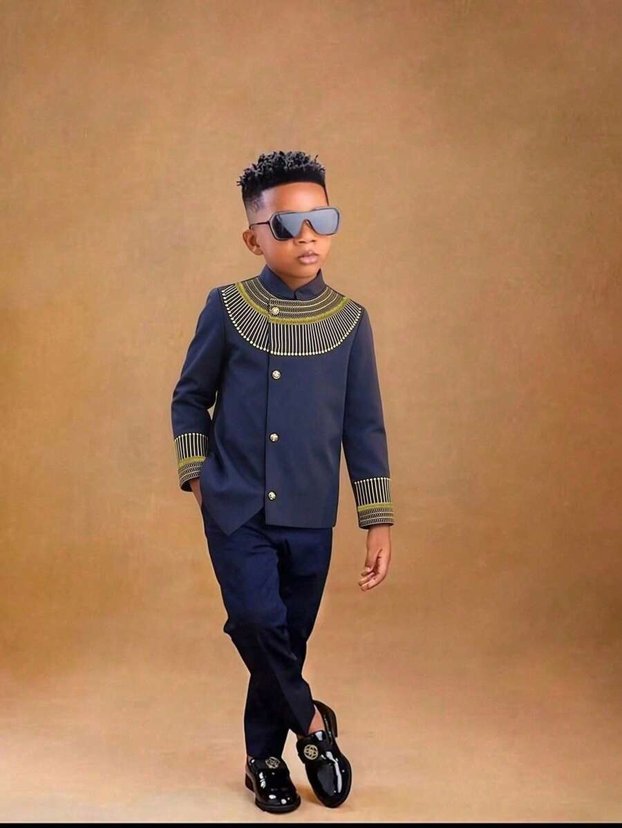 Boys' Formal Suit, Black & Gold Embroidered Mandarin Collar 2 Pieces Outfit, Performance, Runway, Party Wear - Dark Wash - View 1