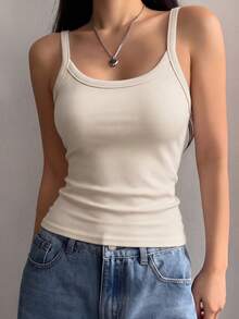 1pc Solid Color Ribbed U-Neck Spaghetti Strap Tank Top, Women's Casual Sleeveless Slim Fit Basic Camisole For Daily Wear - Apricot - View 4