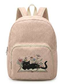 1 Piece Backpack, Women's Mini Backpack, Corduroy Girl's School Bag, Travel Storage Bag, Kitten‑Printed Design, Large‑Capacity Foldable Easy‑To‑Store Bag, Lightweight And Pressure‑Relieving, Multi‑Pocket Layered Design With Zipper Closure - Black Kitten 21008 - View 5