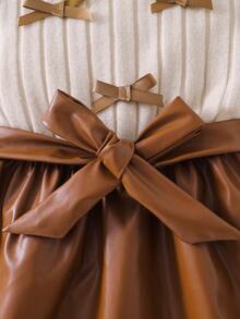 Girls' Warm Brown Autumn Knit Long Sleeve Dress With 3D Bow Decor And Leather Patchwork, Earth Tone, Slightly Stretchy, Suitable For Children's Daily Wear, Spring Gift - Brown - View 5