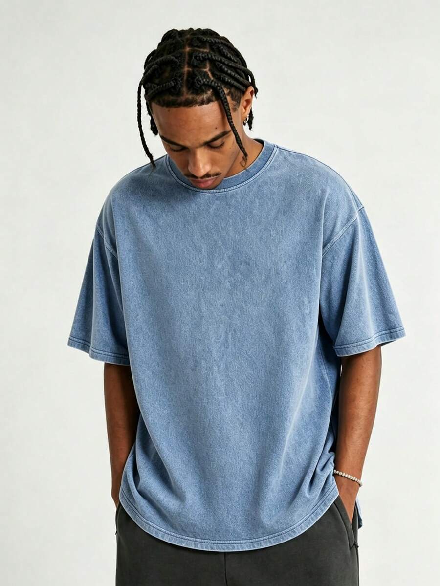 Men's Vintage Cotton Lightweight Breathable Casual Sports Washed Minimalist Short Sleeve T-Shirt - Dusty Blue - View 1