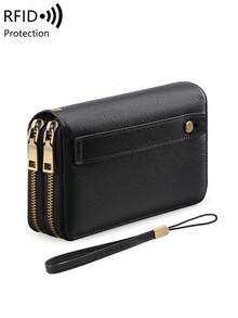 MIYIN Vintage Double Zipper Large Capacity Wallet, Women's RFID Anti-Theft Fashion Clutch, With Wrist Strap And Hand Strap, Minimalist Solid Color Design, Multi-Function Large Capacity Zipper Wallet, Suitable For Party, Travel, Shopping, Ideal Gift For Birthday Or Valentine's Day - Multicolor - View 17