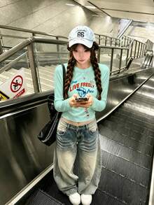 Mint Green Long Sleeve T-Shirt For Women, 2026 New Slim Fit Letter Print Design Short Base Layer Top Casual - Mint Green - View 1