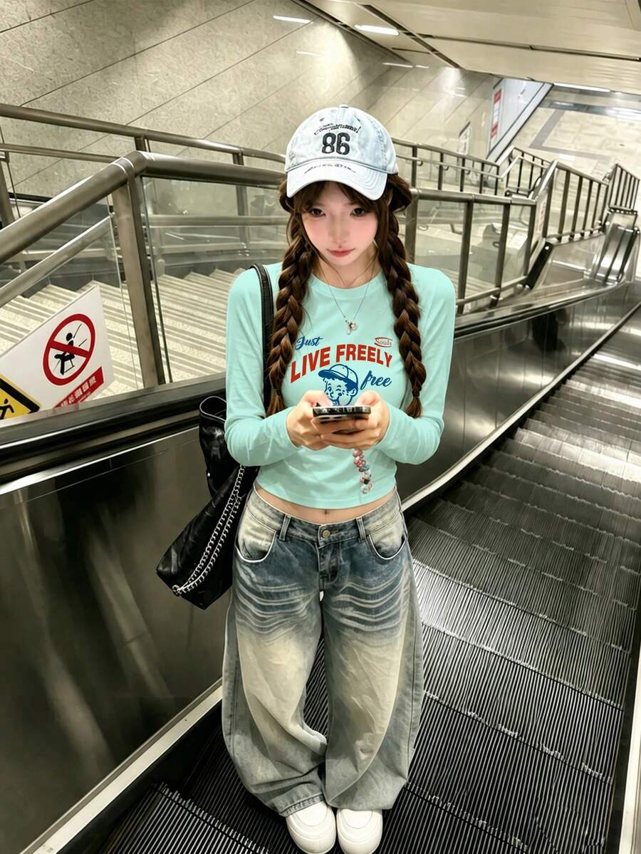 Mint Green Long Sleeve T-Shirt For Women, 2026 New Slim Fit Letter Print Design Short Base Layer Top Casual - Mint Green - View 1