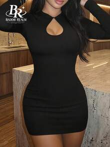 BADDIE REALM Women's Mini Bodycon Dress Keyhole Neckline Sexy Style For Daily Wear, Date Night And Clubbing - Black - View 5