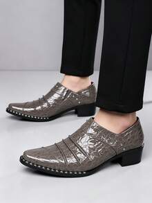 1 Pair Men's Pointed Toe Low-Top Rivet Crocodile Pattern PU Upper Rubber Sole Slip-On Comfortable Business Casual Shoes For Office And Daily Wear - Grey - View 4
