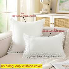 ABEST6522 Home&Living store 1pc 100% Polyester Lace Trim Pillow Case, Faux Linen Texture Solid Color Cushion Cover, Square Rectangle Suitable For Sofa, Bedroom, Living Room Home Decor, Pillow Insert Not Included - White - View 2