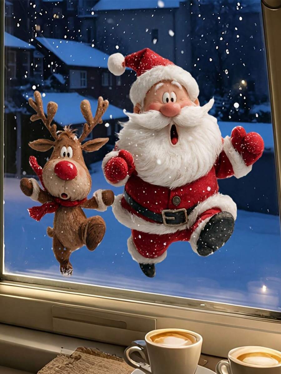 1pc Funny Surprise Peeking Santa Claus And Reindeer Glass Sticker, Static Cling Window Decal, Double-Sided Visible Reusable Sticker, Suitable For Home, Bistro, Storefront Christmas Winter Holiday Party Window Decoration - Red and White - View 1