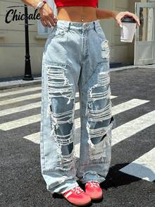 Jeans Kaki Lurus Robek untuk Wanita - Light Wash - View 1