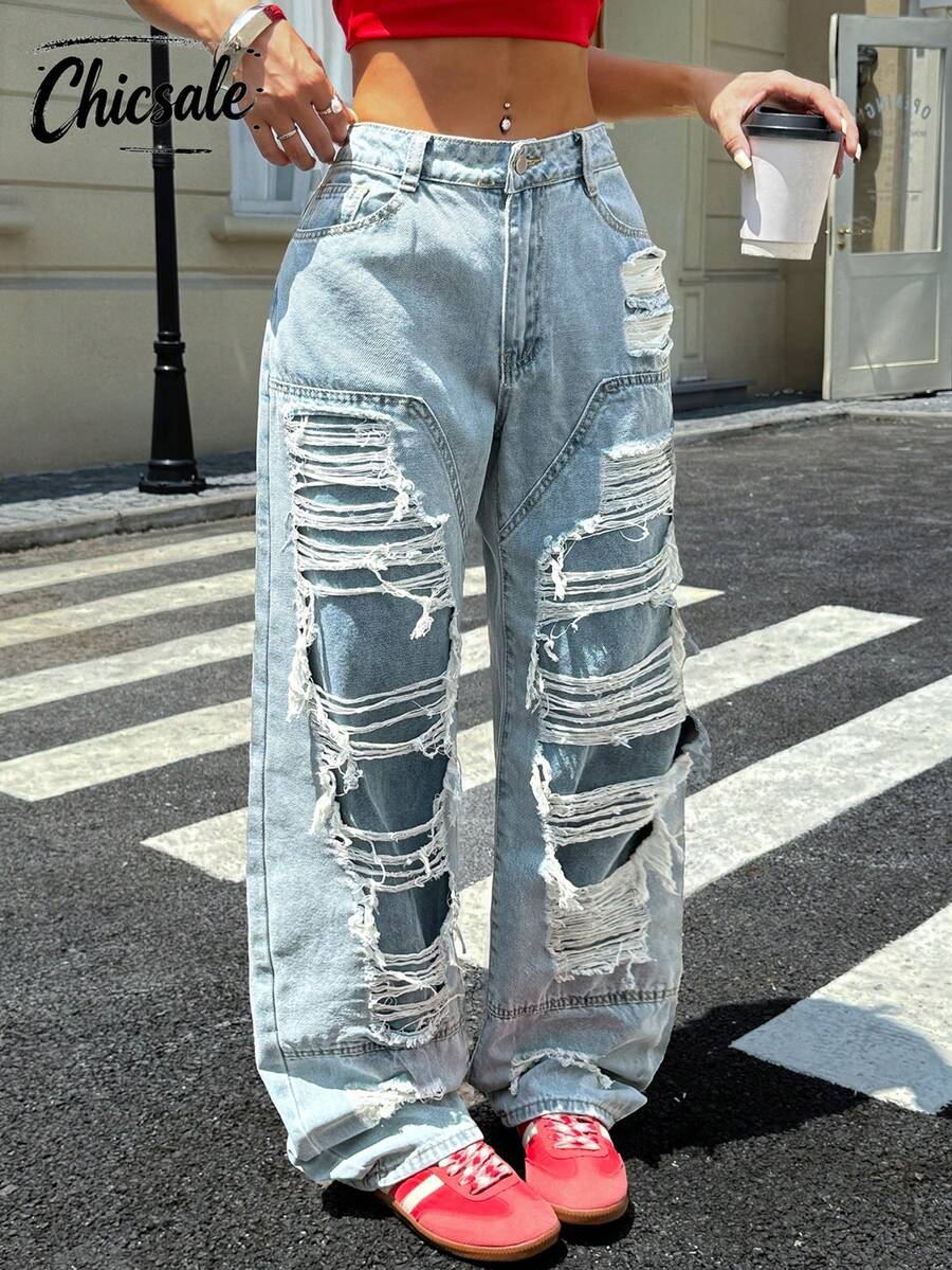 Jeans Kaki Lurus Robek untuk Wanita - Light Wash - View 1
