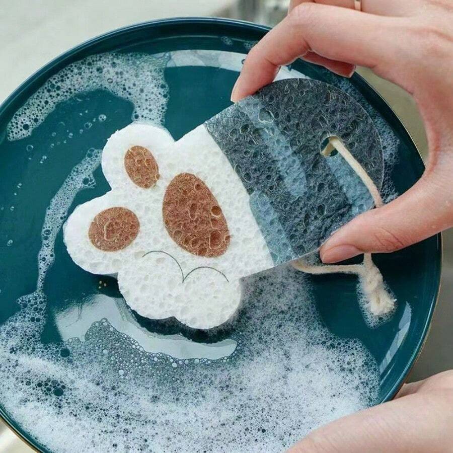 1pc Cute Thickened Dishwashing Sponge, Powerful Stain Removal, Durable Cleaning Tool, Suitable For Household Tableware And Kitchenware, Multifunctional Cleaning Essential,Wood Pulp Expandable Sponge Dish Scrubber - Multicolor - View 1