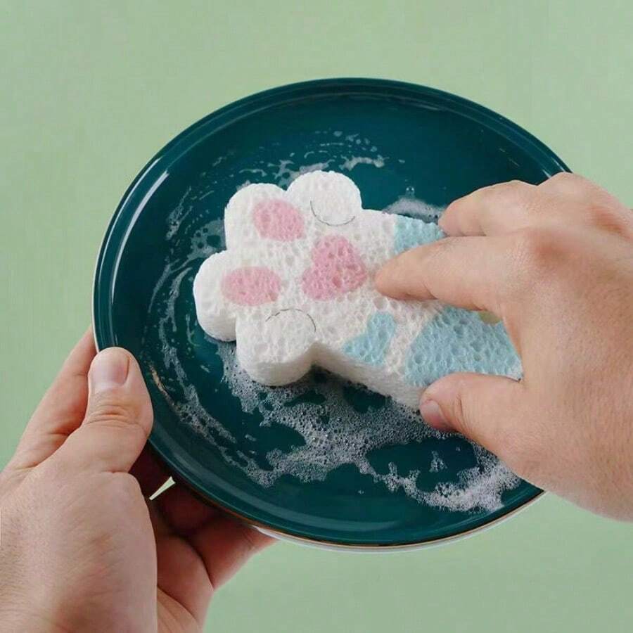 1pc Cute Thickened Dishwashing Sponge, Powerful Stain Removal, Durable Cleaning Tool, Suitable For Household Tableware And Kitchenware, Multifunctional Cleaning Essential,Wood Pulp Expandable Sponge Dish Scrubber - Multicolor - View 1