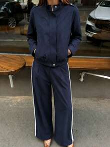 Women's Casual Lapel Button Zipper Solid Color Jacket And Wide Leg Pants 2-Piece Set, Flight Academy Style, Sporty Casual Outfit - Navy Blue - View 6