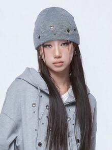 1 chiếc mũ len beanie phong cách punk, đan kim, đính khoen kim loại, trang trí đinh tán cá tính, mũ trùm đầu streetwear đa năng - màu đen - Xem 9