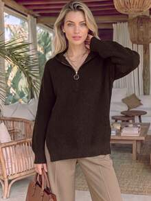 NiceArt Women's Autumn Dark Brown Blended Streetwear Knit Top, Hooded Half-Zip Drawstring Sweater, Winter Outfit, Suitable For Socializing And Night Out - Brown - View 10