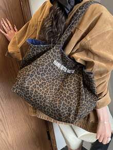 Leisure Retro Artistic Style Practical Texture Leopard Print Tote Bag, Letter Decoration Design, Reversible, Suitable For Commuting And Gatherings - Multicolor - View 3