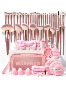 58 Pcs/3 Pcs Total Makeup Tool Kit, Including 36 Pcs Pearlescent Pink Three Color Makeup Brushes, 21 Pcs Makeup Accessories And One Medium Single Handle Bag, Makeup Sponges, Powder Puffs For Convenient Storage And Travel Makeup Application. - Multicolor - View 1
