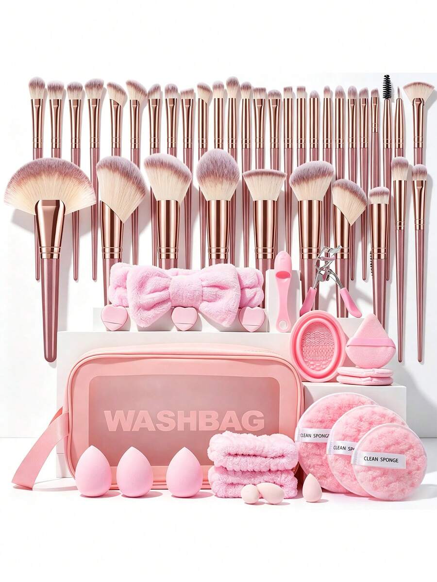58 Pcs/3 Pcs Total Makeup Tool Kit, Including 36 Pcs Pearlescent Pink Three Color Makeup Brushes, 21 Pcs Makeup Accessories And One Medium Single Handle Bag, Makeup Sponges, Powder Puffs For Convenient Storage And Travel Makeup Application. - Multicolor - View 1