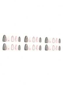 NAIO 10pcs Almond Shaped Press-On Nails, Metallic Silver Streamlined Design Fake Nails, Pink Nude Base Color With Star-Shaped Rhinestones, Glossy Full Coverage Fake Nails, Suitable For Party And Daily Wear - Multicolor - View 5