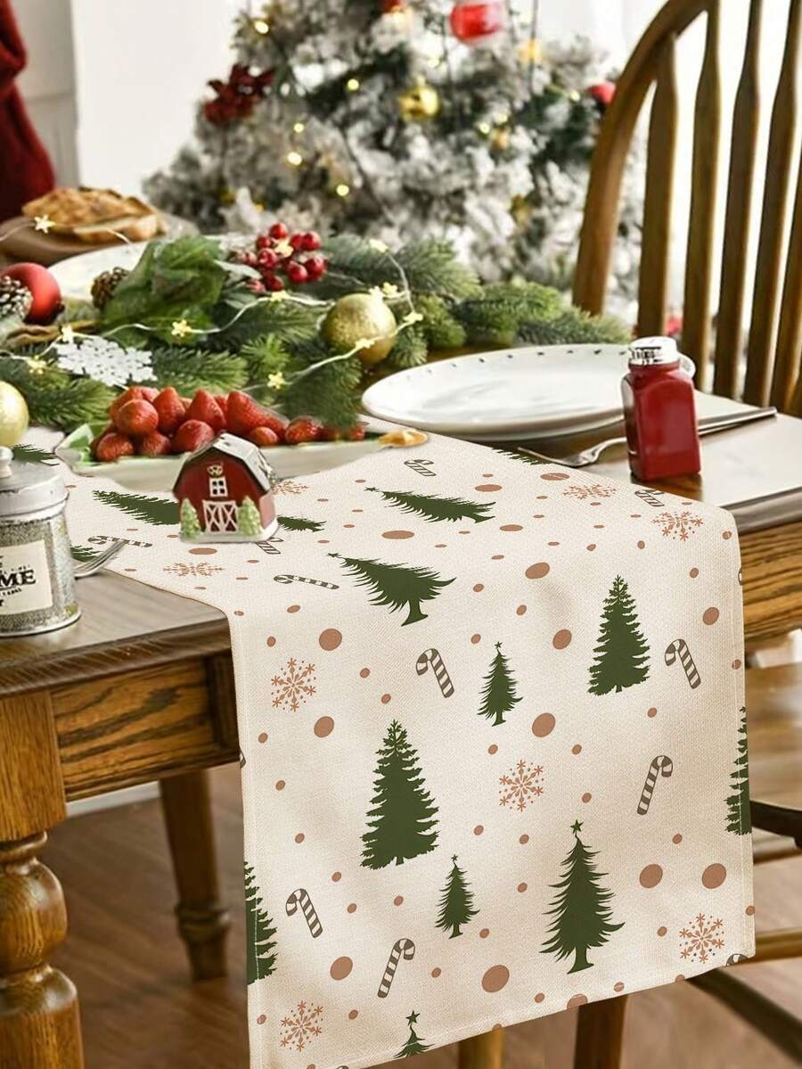 1pc Christmas Pattern Printed Table Runner, 4pcs Christmas Pattern Printed Placemats, Suitable For Holidays, Parties, Birthdays, Dinner, Kitchen Dining Table Decoration, All-Season Room Decor, Home Textile Decoration Table Runner - Multicolor - View 1