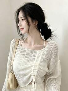 YCYC Women's Korean Style Soft Knit Top With Drawstring Design - White - View 2